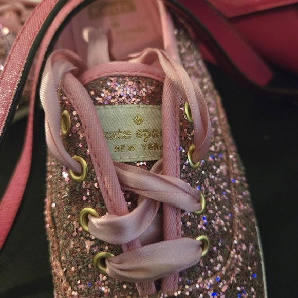 WOMENS KATE SPADE KEDS, ROSE GOLD GLITTER SNEAKERS SHOES, PINK SATIN LACES Sz7 - Picture 5 of 8